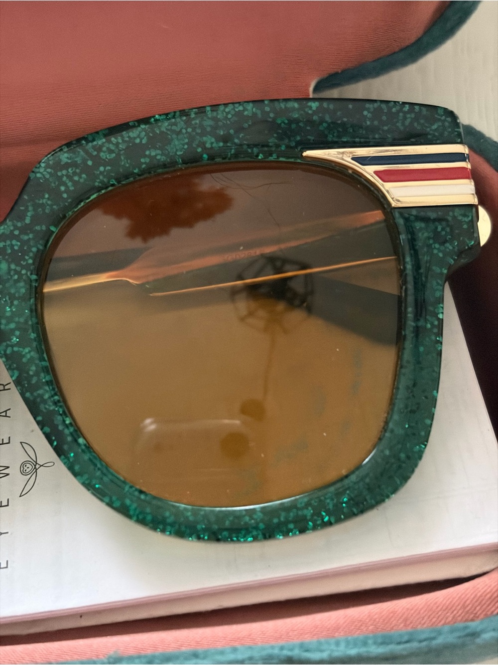 Green Glitter Square Sunglasses with Brown Lenses - Picture 3 of 4